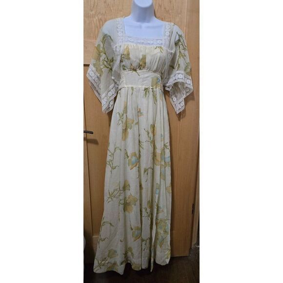 Vintage Floral Maxi Dress With Lace Flutter Sleeves & Belt boho hippie fairycore - Picture 2 of 8